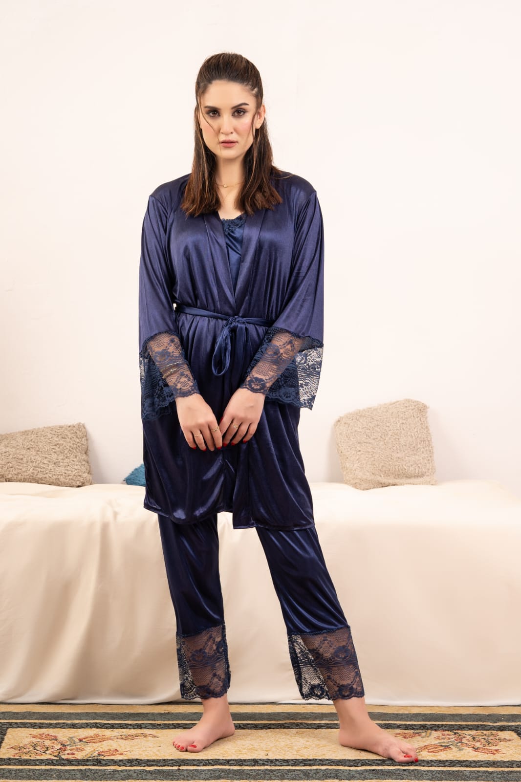 Cozy Attire 5 PCS LONG SLIT SILK NIGHTY SET